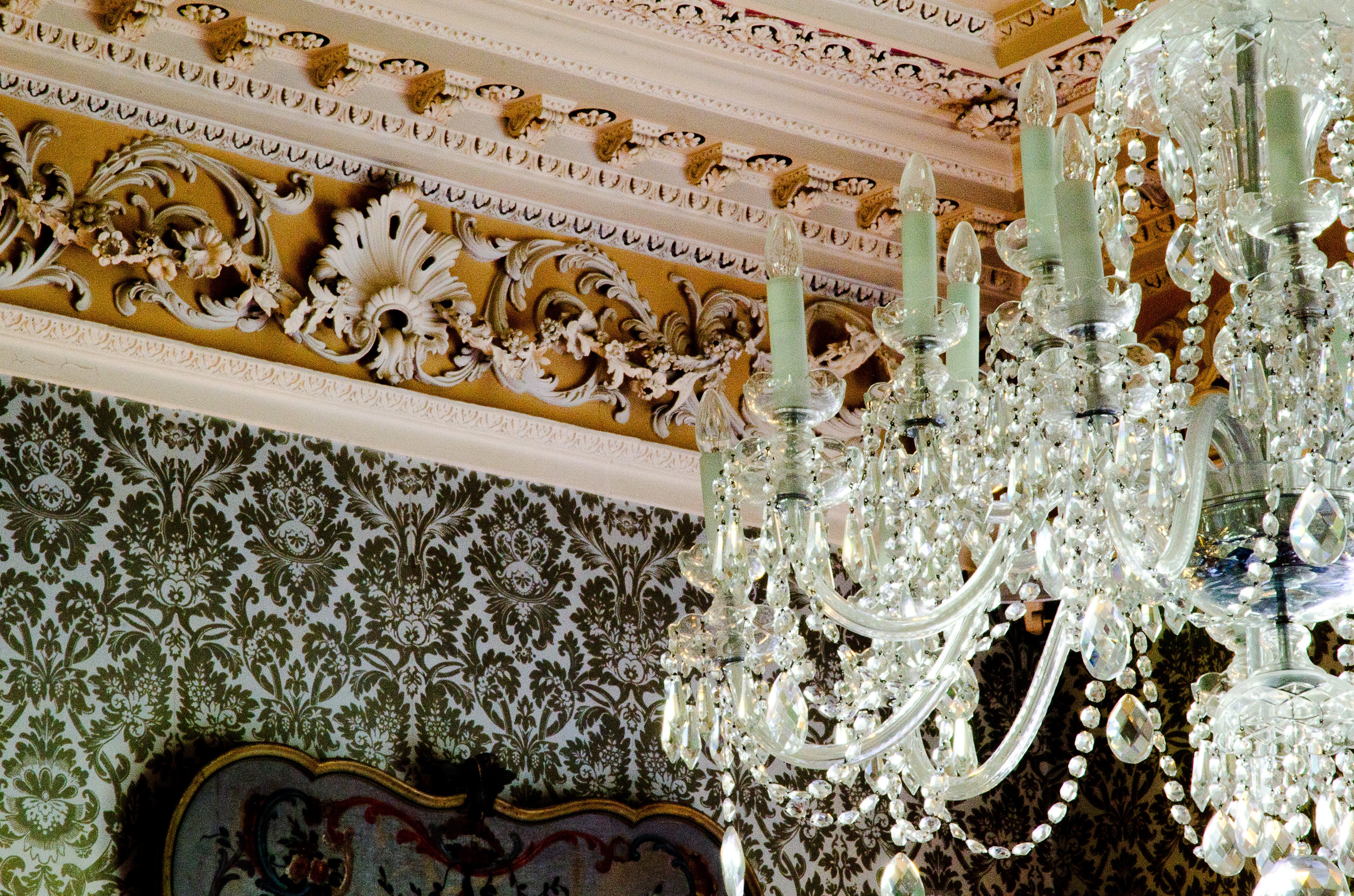 Ceiling detail with chandelier in Morning Room at Hartwell House 