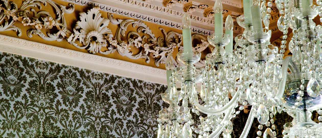 Ceiling detail with chandelier in Morning Room at Hartwell House 